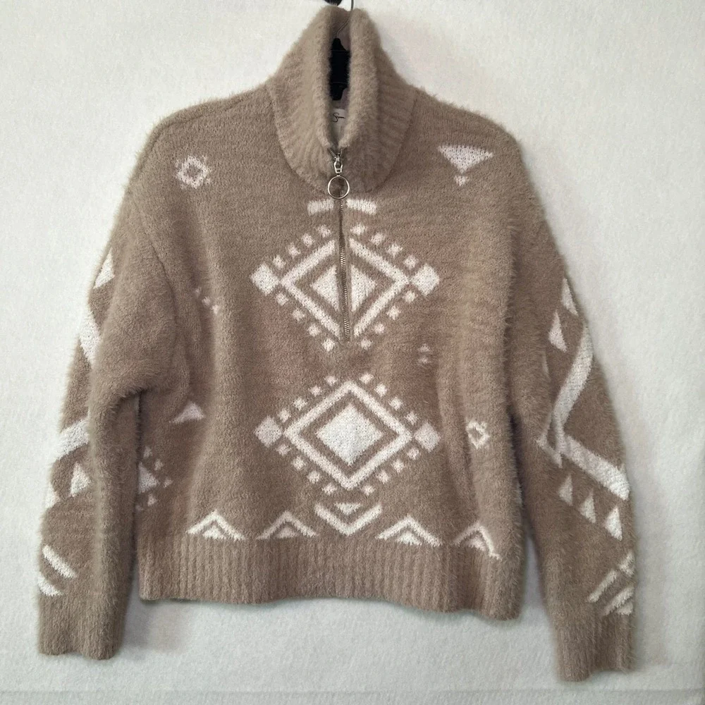 Jessica‎ Simpson Women's Tan Eyelash Knit Geometric Boho Southwestern Sweater L